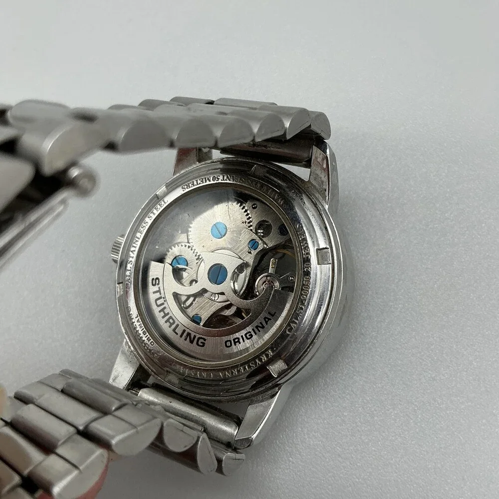 Stuhrling Delphi Mens Watch 35mm Silver Skeleton Dial Stainless Automatic 6.5